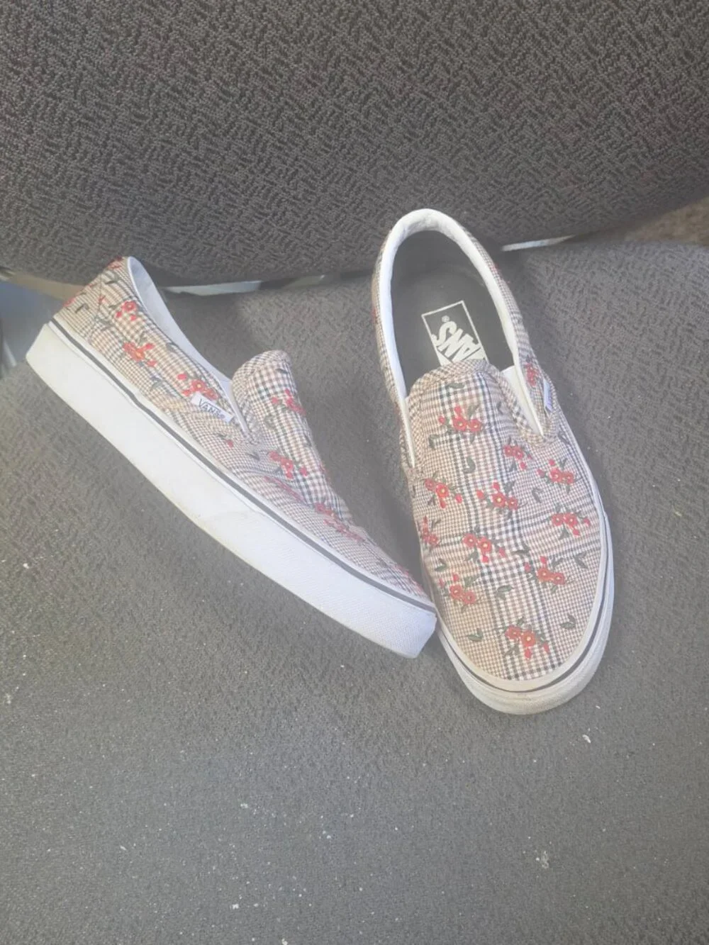 pr vans ( tan/green/white plaid with embroidered orange flowers )